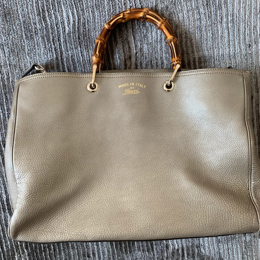 Gucci Bamboo Metallic Beige Leather Large Bag